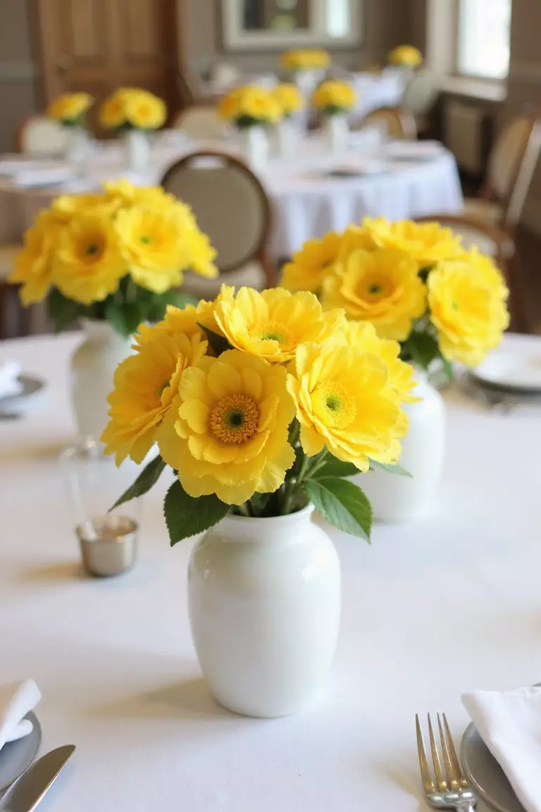 Buttercup Yellow And Pure White A professional photo, similar to a photo in a wedding magazine, of cheerful buttercup yellow flowers arranged simply in pure white vases on guest tables. Bright, sunny daytime lighting.