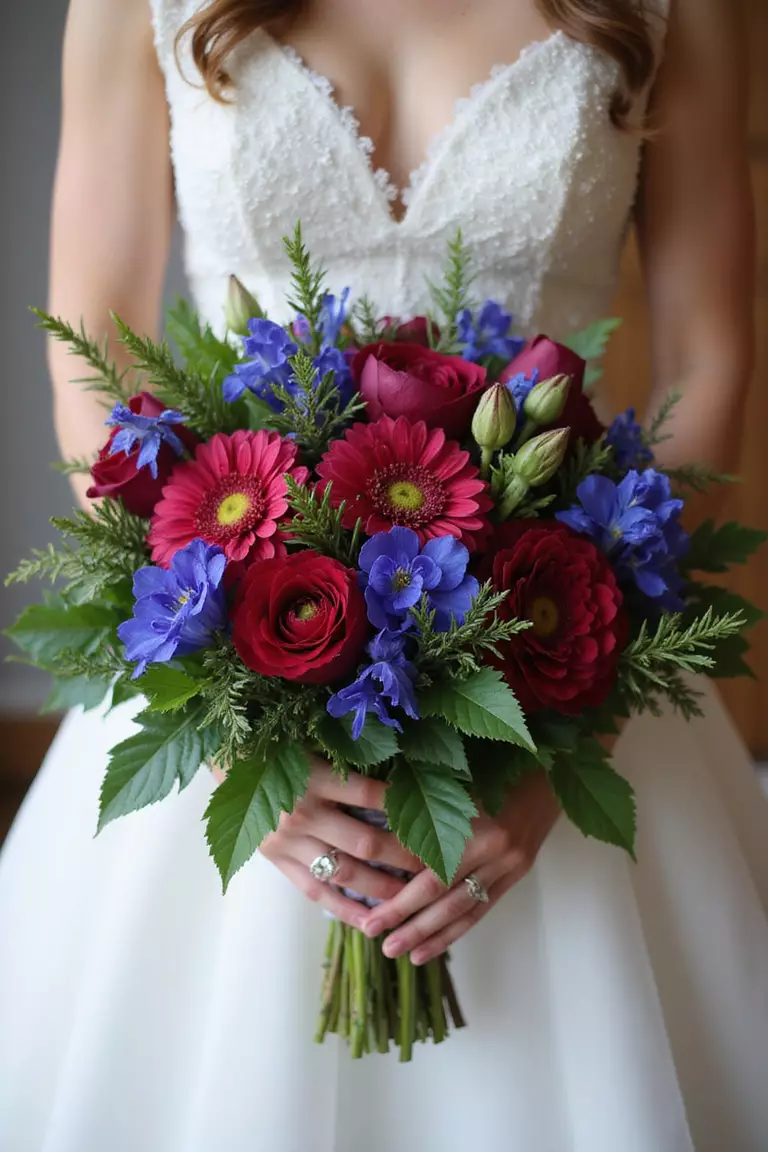 Jewel Tones A professional photo, similar to a photo in a wedding magazine, of a bride holding a vibrant bouquet filled with jewel-toned flowers like sapphire delphiniums, ruby dahlias, and emerald green foliage.