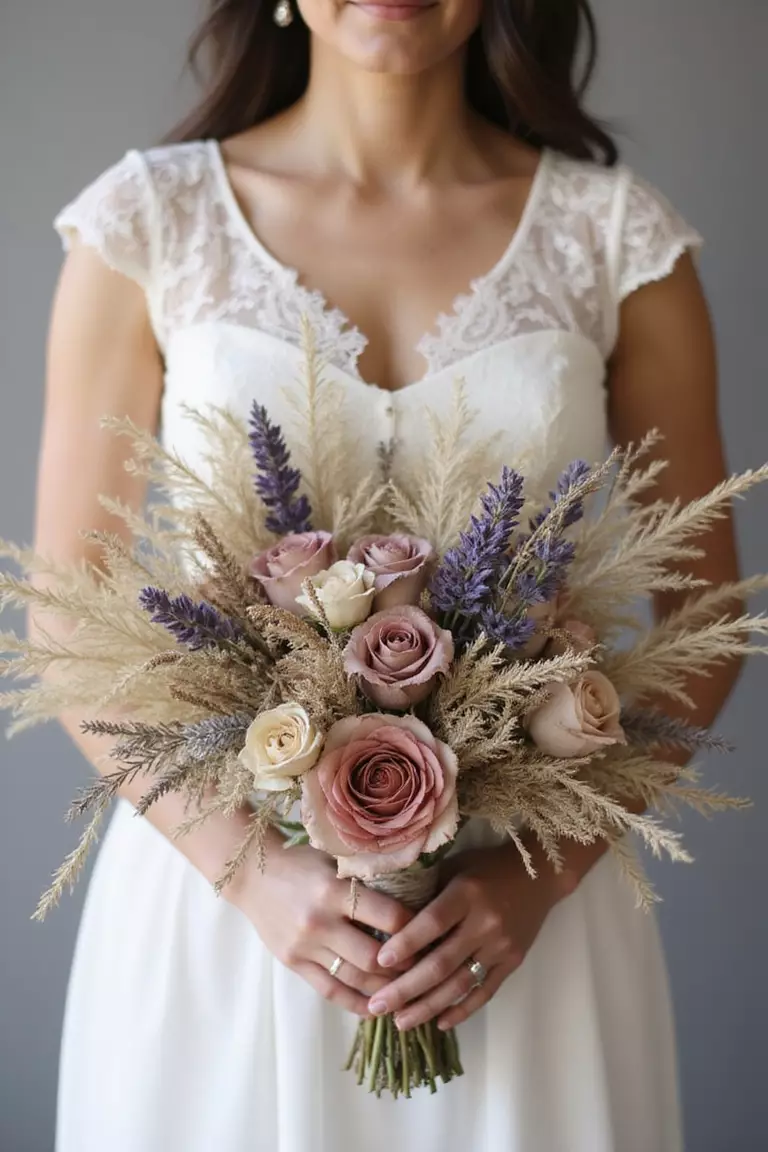 Dried Flower Dream A professional photo, similar to a photo in a wedding magazine, of a bride holding a bohemian-style bouquet featuring dried pampas grass, bleached ruscus, dried lavender, and preserved roses in muted tones.