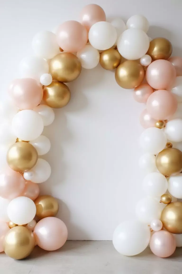 Balloon Garland Arch A professional photo, similar to a photo in a wedding magazine, of an asymmetrical balloon arch with white, gold, and blush balloons of varying sizes, framing an empty space.