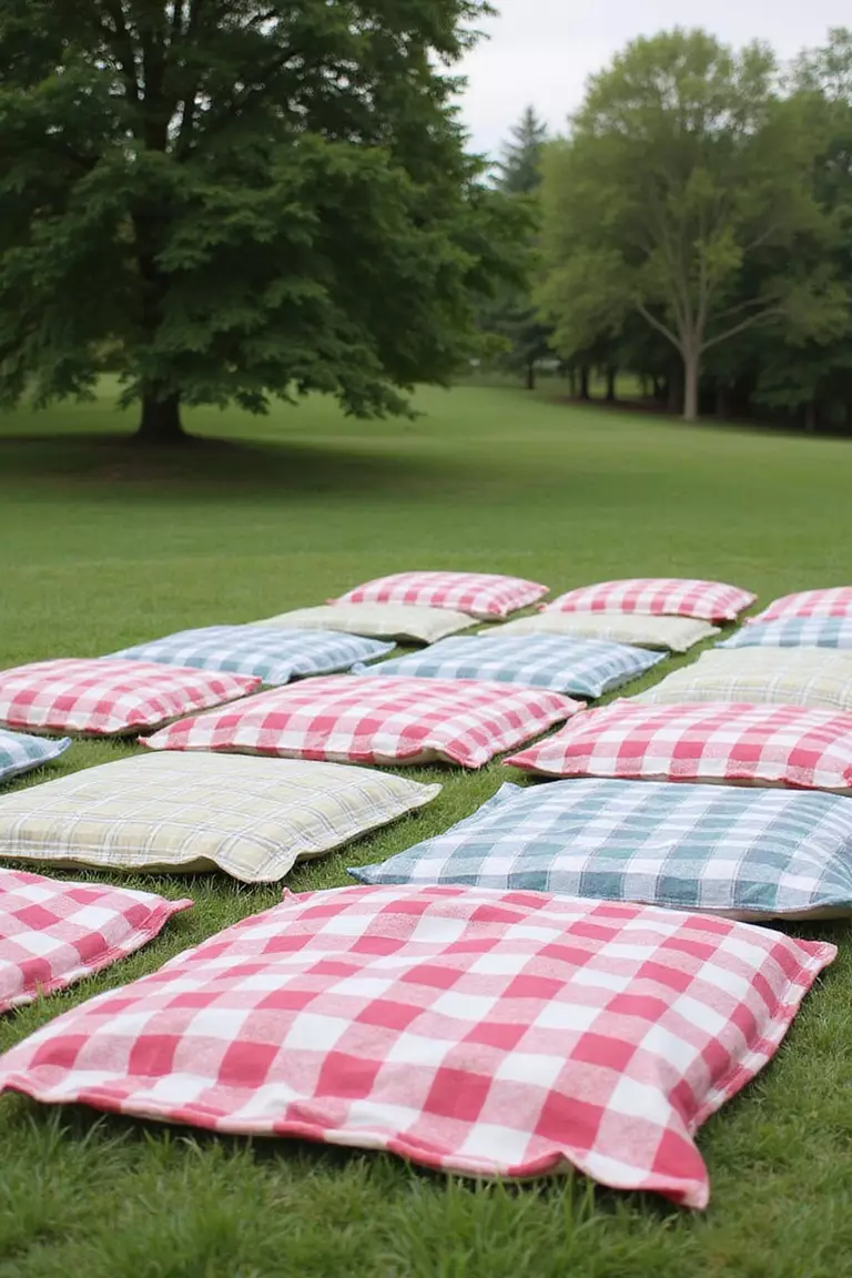 Picnic Blanket Seating A professional photo, similar to a photo in a wedding magazine, of colorful checkered picnic blankets spread out on a grassy lawn with large floor cushions for casual wedding guest seating.
