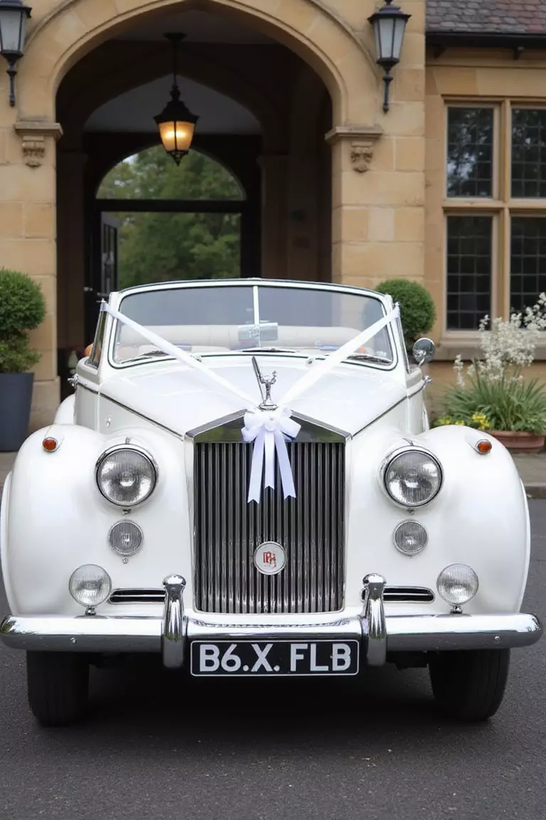 Vintage Getaway Car A professional photo, similar to a photo in a wedding magazine, of a classic white Rolls Royce convertible decorated with a