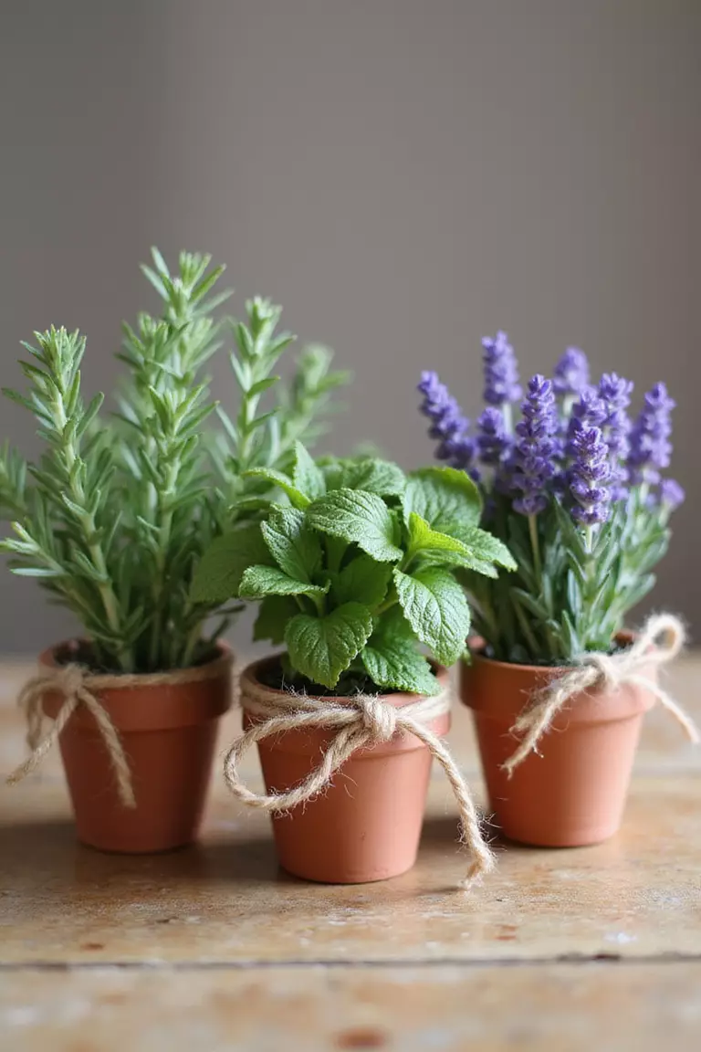 Herb Pots A professional photo, similar to a photo in a wedding magazine, of three small terracotta pots containing fresh herbs like rosemary, mint, and lavender, tied with twine.