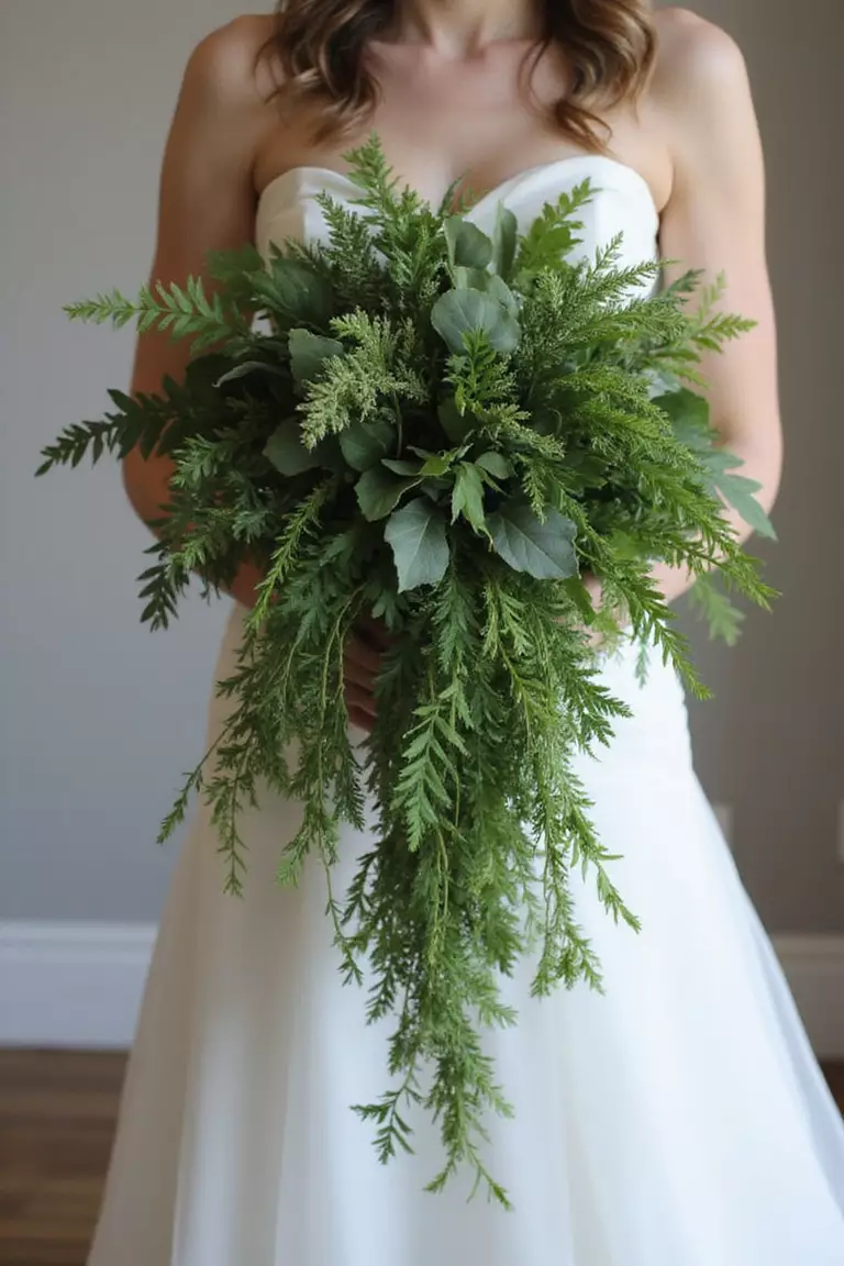 Cascading Greenery Garland A professional photo, similar to a photo in a wedding magazine, of a bride holding a dramatically draping bouquet made almost entirely of various green foliages like ivy, ferns, and eucalyptus, cascading downwards.