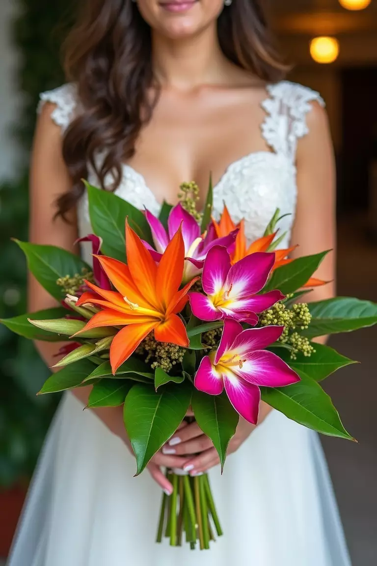 Tropical Brights With Orchids A professional photo, similar to a photo in a wedding magazine, of a bride holding a vibrant, exotic bouquet featuring bright tropical flowers like orchids, anthurium, and colourful foliage like croton leaves.