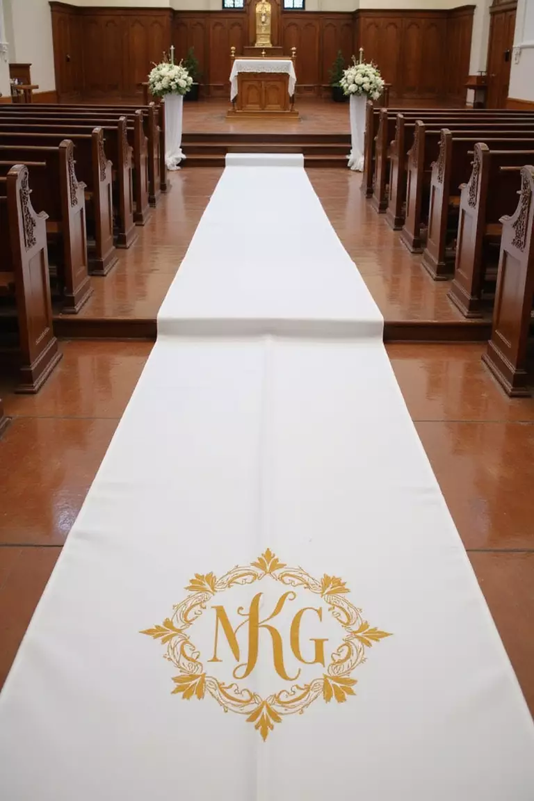 Monogrammed Aisle Runner A professional photo, similar to a photo in a wedding magazine, of a white fabric aisle runner unfurled in a church, featuring an ornate gold interlocking monogram centered near the altar steps.