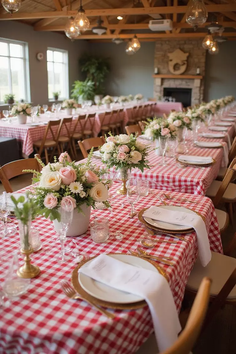 Gingham Table Linens A professional photo, similar to a photo in a wedding magazine, of wedding tables dressed in red and white gingham patterned tablecloths under floral centerpieces.