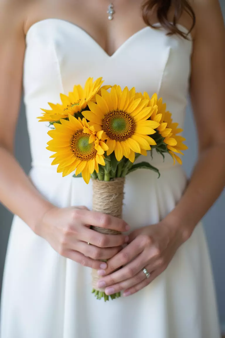 Small Sunflower Posy A professional photo, similar to a photo in a wedding magazine, of a bride holding a petite, simple posy bouquet made of just a few sunflowers, perhaps wrapped with twine.