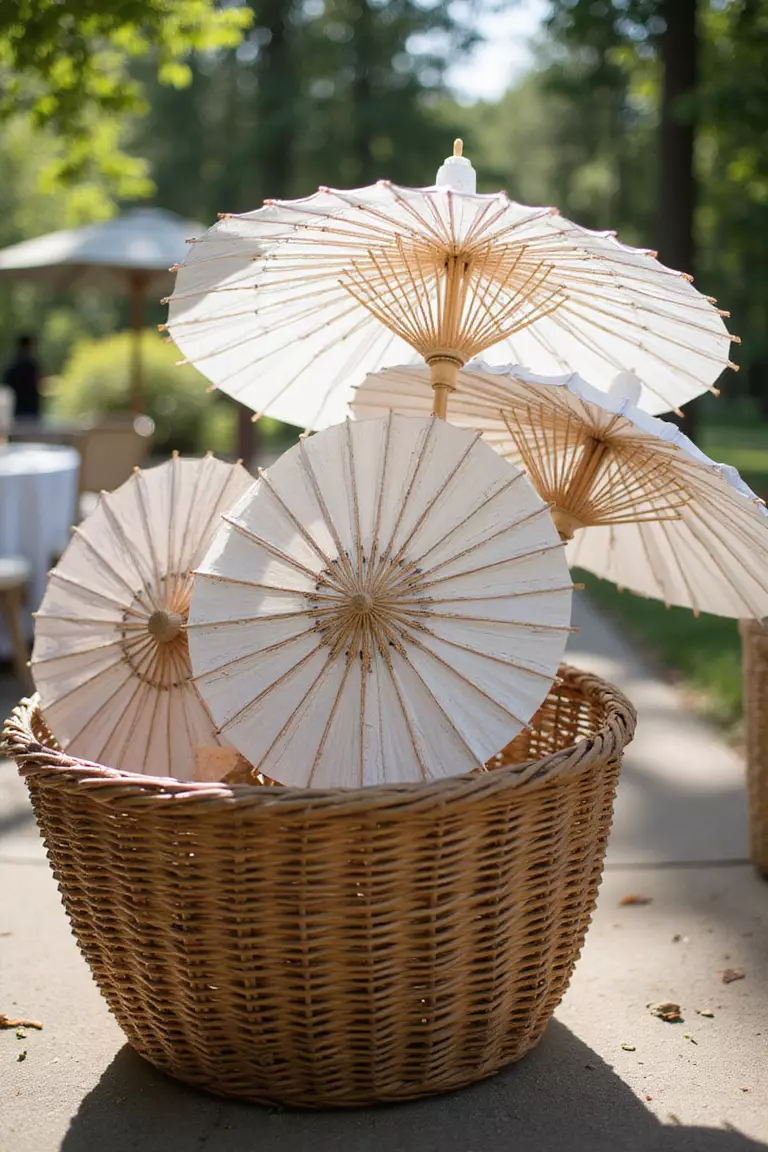 Provide Pretty Parasols A professional photo, similar to a photo in a wedding magazine, of several decorative paper parasols open and standing in a large wicker basket for guests at an outdoor wedding.