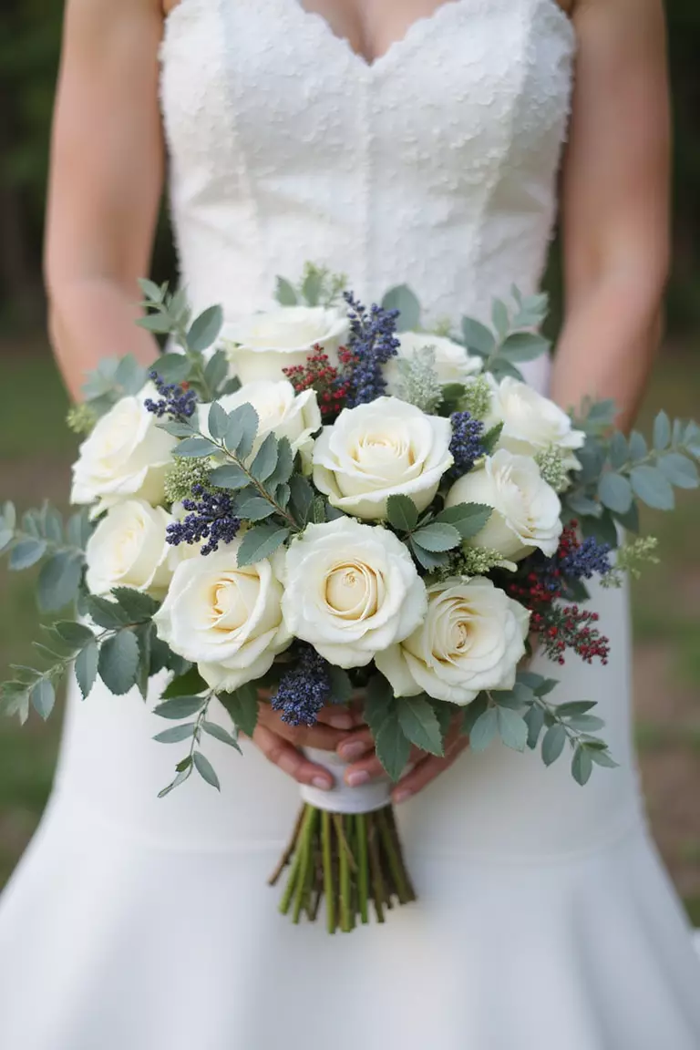 Berry Accents A professional photo, similar to a photo in a wedding magazine, of a bride holding a textured bouquet combining white roses, eucalyptus, and sprigs of dark blue viburnum berries or red hypericum berries.