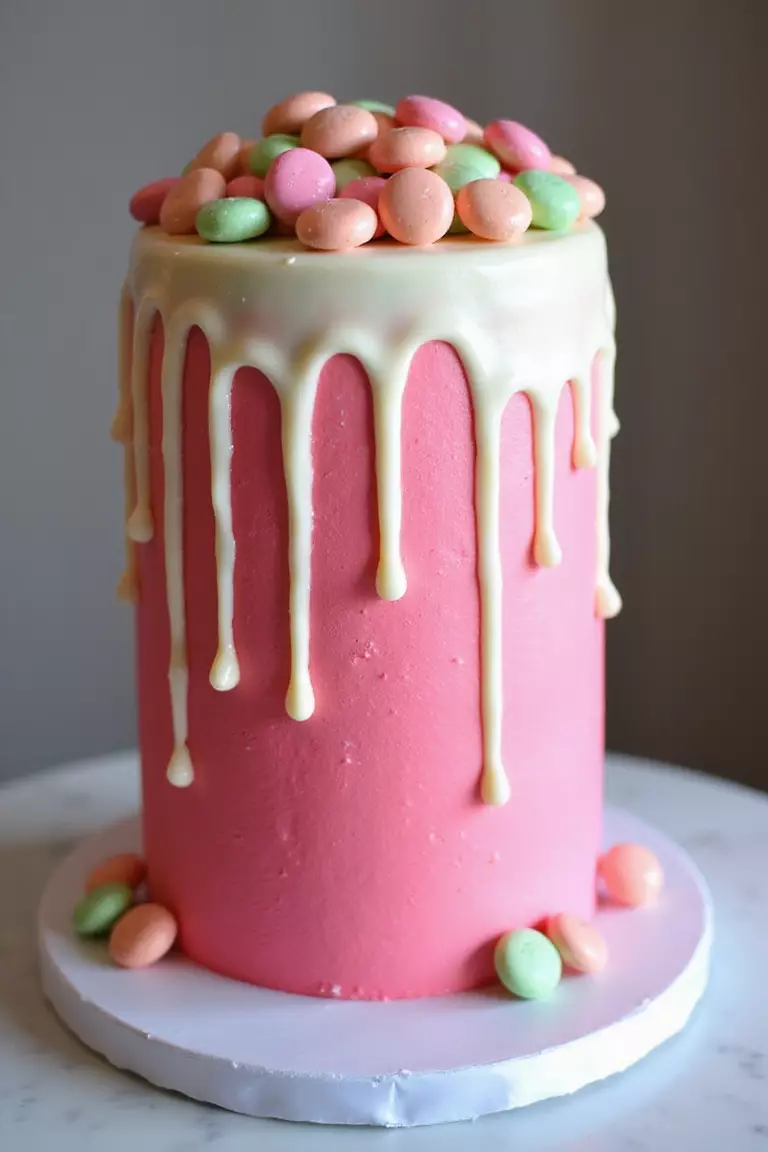 Drip Cake Delight A professional photo, similar to a photo in a wedding magazine, of a tall cake with bright pink frosting and white chocolate ganache dripping down the sides, topped with candies.