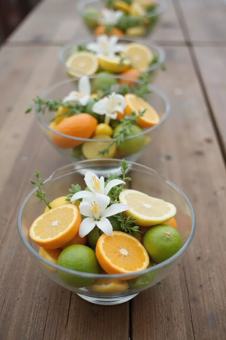 Citrus Centerpieces A professional photo, similar to a photo in a wedding magazine, of a low glass bowl centerpiece filled with sliced lemons, limes, and whole oranges mixed with white flowers on a rustic wooden table.