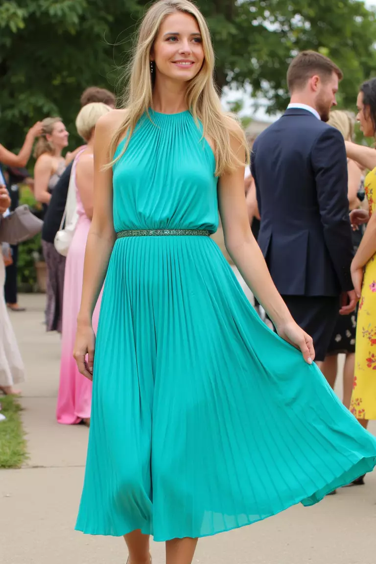 Turquoise and Green Pleated Midi Dress A beautiful woman in a stylish turquoise and green pleated midi dress, outdoor summer wedding reception.