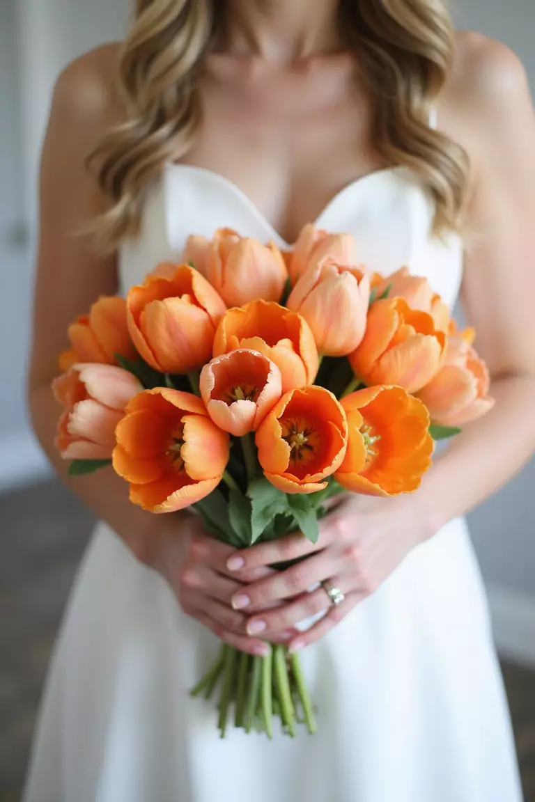 Orange Pop Tulips A professional photo, similar to a photo in a wedding magazine, of a bride holding an energetic bouquet combining bright orange and softer peach tulips.