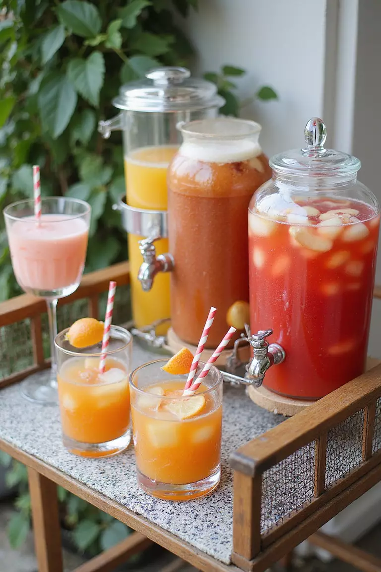 Lovely Drink Station A professional photo, similar to a photo in a wedding magazine, of a beverage station with glass dispensers filled with colorful drinks, pretty glassware, striped straws, and fruit garnishes on a decorated cart.
