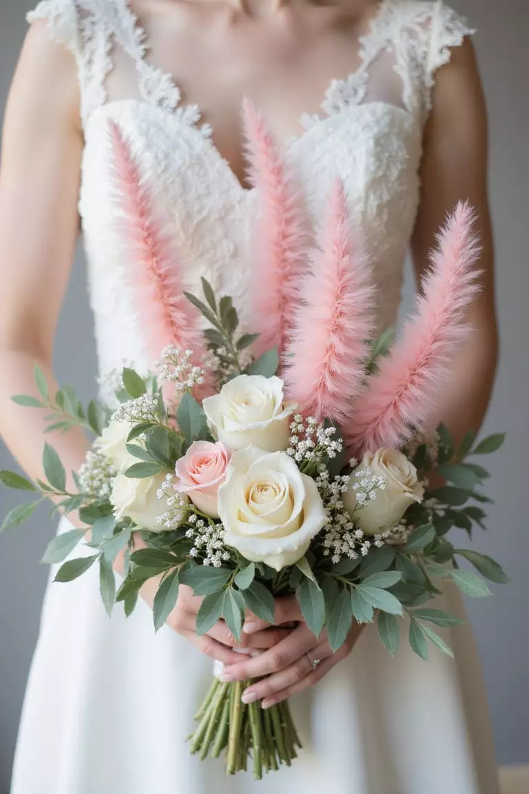 Astilbe A professional photo, similar to a photo in a wedding magazine, of feathery plumes of pink and white astilbe adding soft texture to a romantic bridal bouquet alongside roses and eucalyptus.
