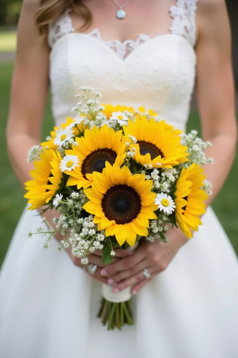 Sunflowers And Chamomile Joy A professional photo, similar to a photo in a wedding magazine, of a bride holding a cheerful bouquet featuring bright yellow sunflowers balanced with small, daisy-like chamomile flowers and light greenery.