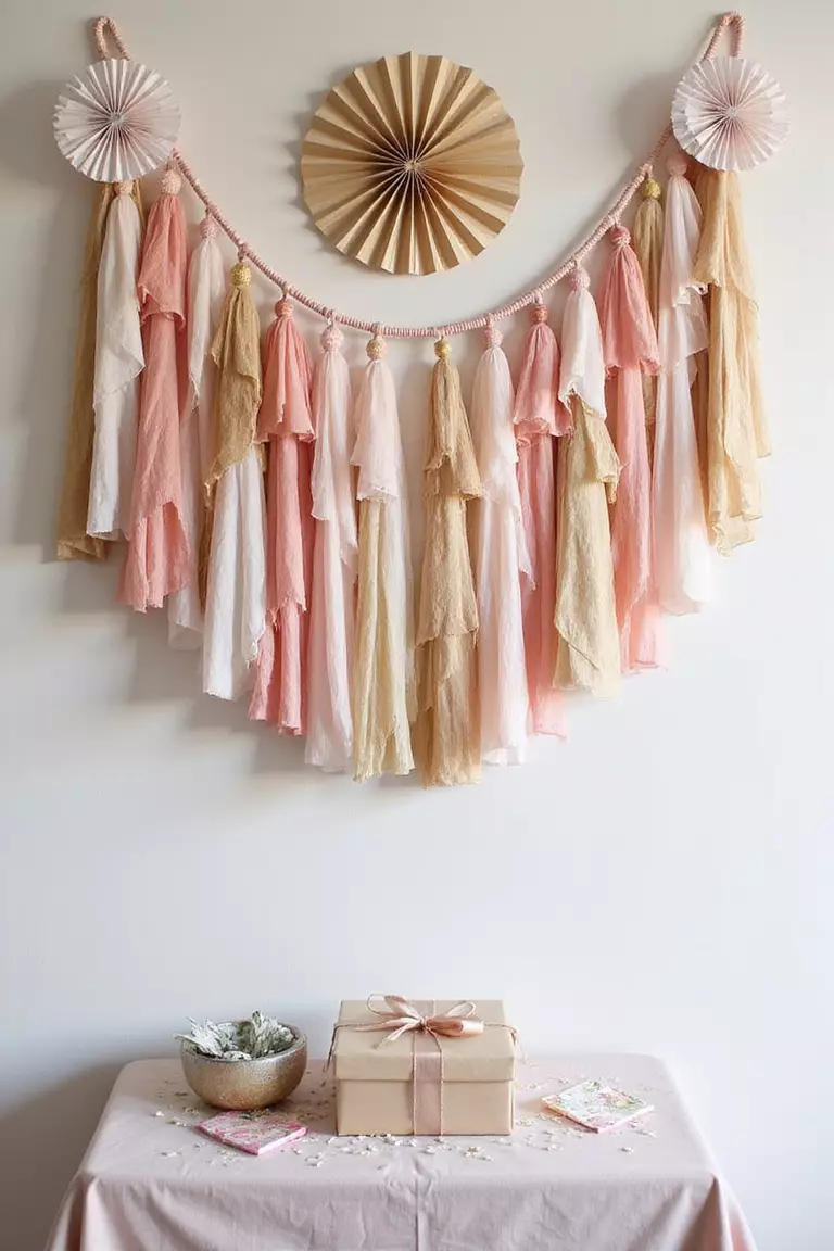 Festive Wall Decor A professional photo, similar to a photo in a wedding magazine, of a wall decorated with hanging tassel garlands and paper fans in shades of pink, gold, and white above a gift table.