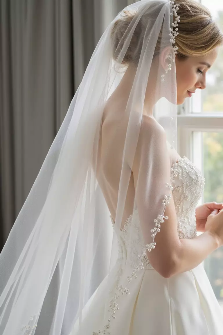 Pearl Embellished Veil A professional photo, similar to a photo in a wedding magazine, of a sheer tulle wedding veil cascading down, delicately scattered with tiny sewn-on pearls catching the soft light.