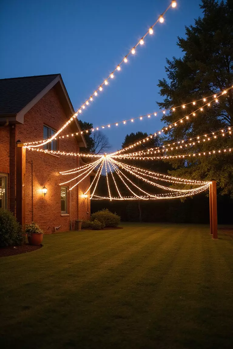 String Light Canopy A professional photo, similar to a photo in a wedding magazine, of crisscrossing strands of warm string lights forming a canopy over an outdoor wedding reception area at dusk.