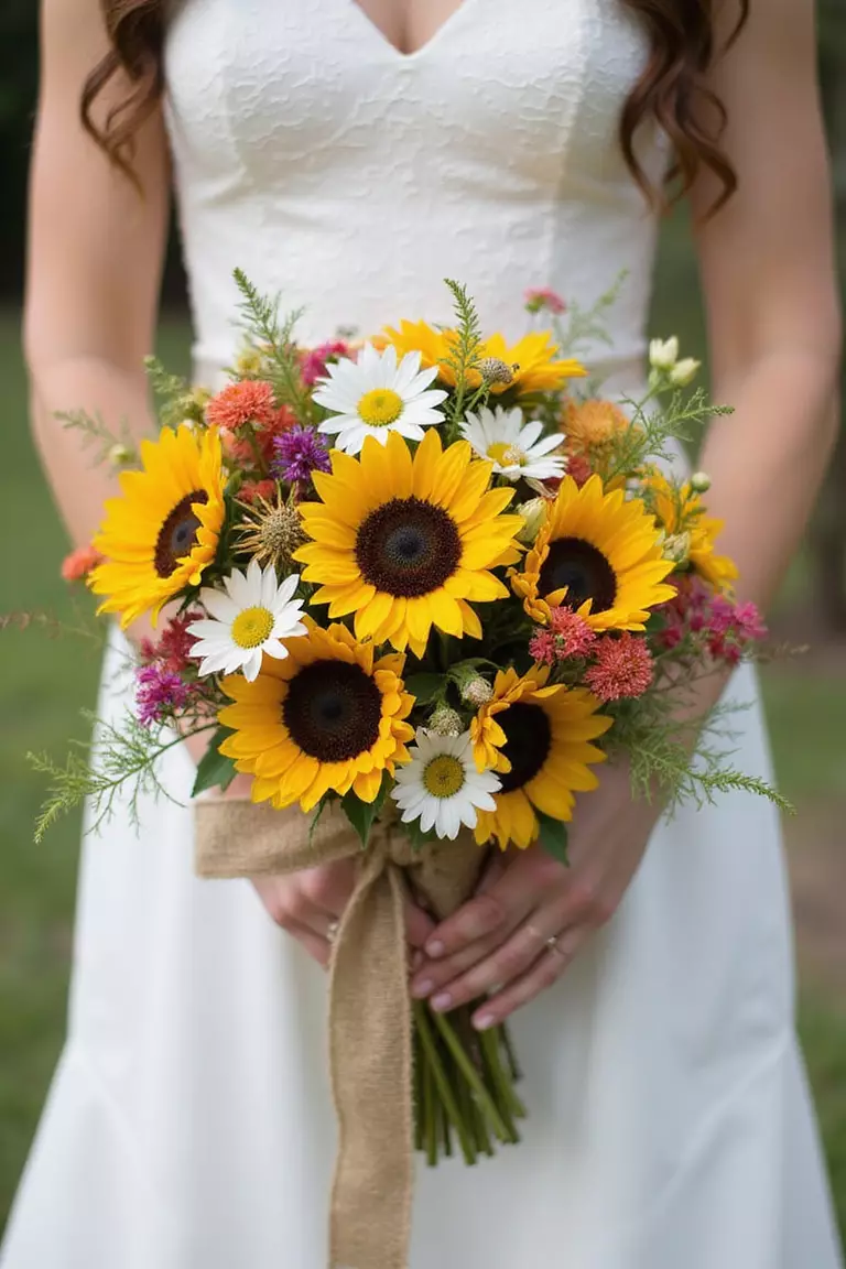 Wildflower Arrangements A professional photo, similar to a photo in a wedding magazine, of a bride holding a loose, colorful bouquet of wildflowers like sunflowers and daisies tied with burlap ribbon.