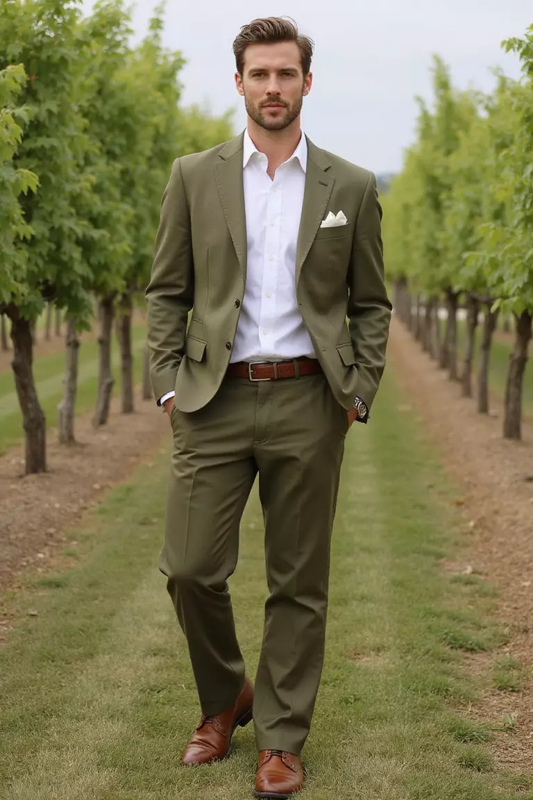 Olive Green Suit A professional photo, similar to a photo in a wedding magazine, of a man wearing an olive green linen suit, white shirt, no tie, with leather accessories at a summer vineyard wedding.