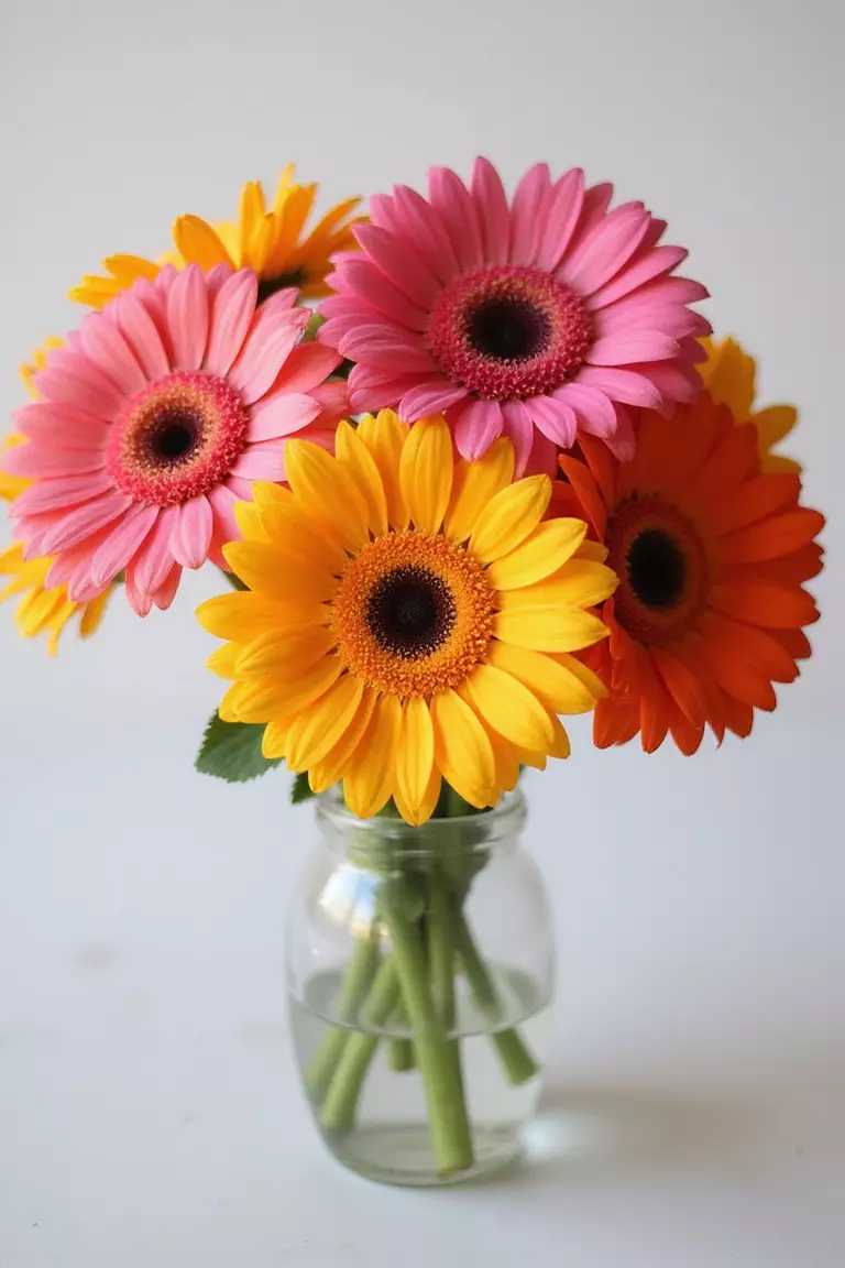 Gerbera Daisies A professional photo, similar to a photo in a wedding magazine, of bright pink, orange, and yellow gerbera daisies with dark centers arranged simply in clear glass vases for cheerful table decor.