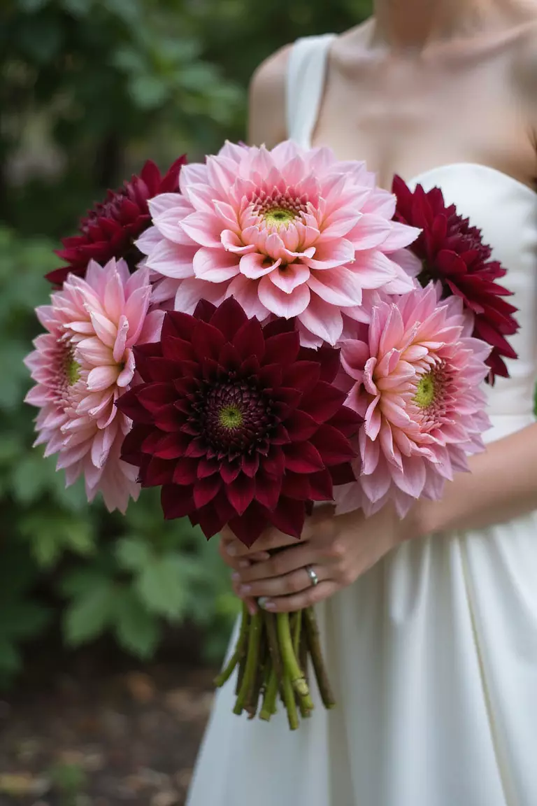 Dahlia Dreams A professional photo, similar to a photo in a wedding magazine, of an intricate bouquet featuring large, geometric dahlias in deep burgundy and blush pink, held elegantly. Formal garden setting. No text.
