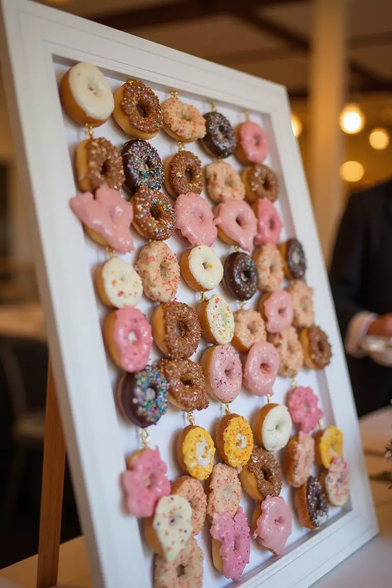 Non Cake Dessert Options A professional photo, similar to a photo in a wedding magazine, of a colorful donut wall display with various frosted donuts hanging neatly for guests to grab at a reception.