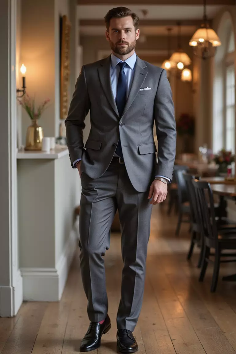 Tropical Wool Suit A professional photo, similar to a photo in a wedding magazine, of a man wearing a medium gray tropical wool suit with light blue shirt, dark tie, and black shoes at an indoor venue