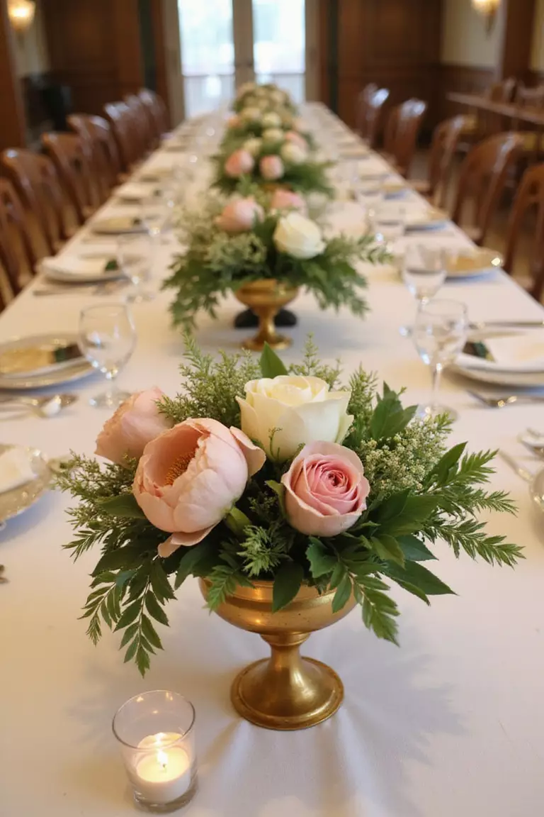 Fresh Floral Centerpieces A professional photo, similar to a photo in a wedding magazine, of low, lush centerpieces featuring peonies, roses, and greenery in gold compote vases arranged on a long banquet table.