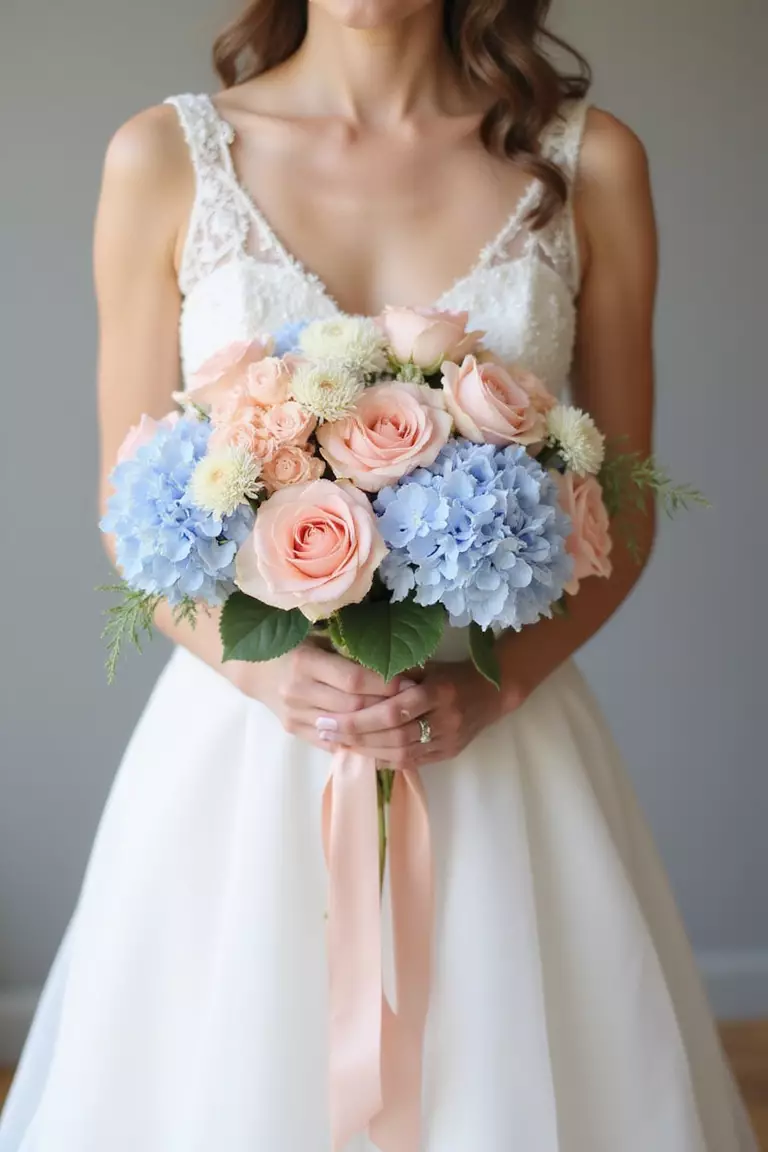 Pastel Perfection A professional photo, similar to a photo in a wedding magazine, of a bride holding a soft, romantic bouquet featuring pastel pink roses, light blue hydrangeas, and peach ranunculus, tied with flowing ribbons.