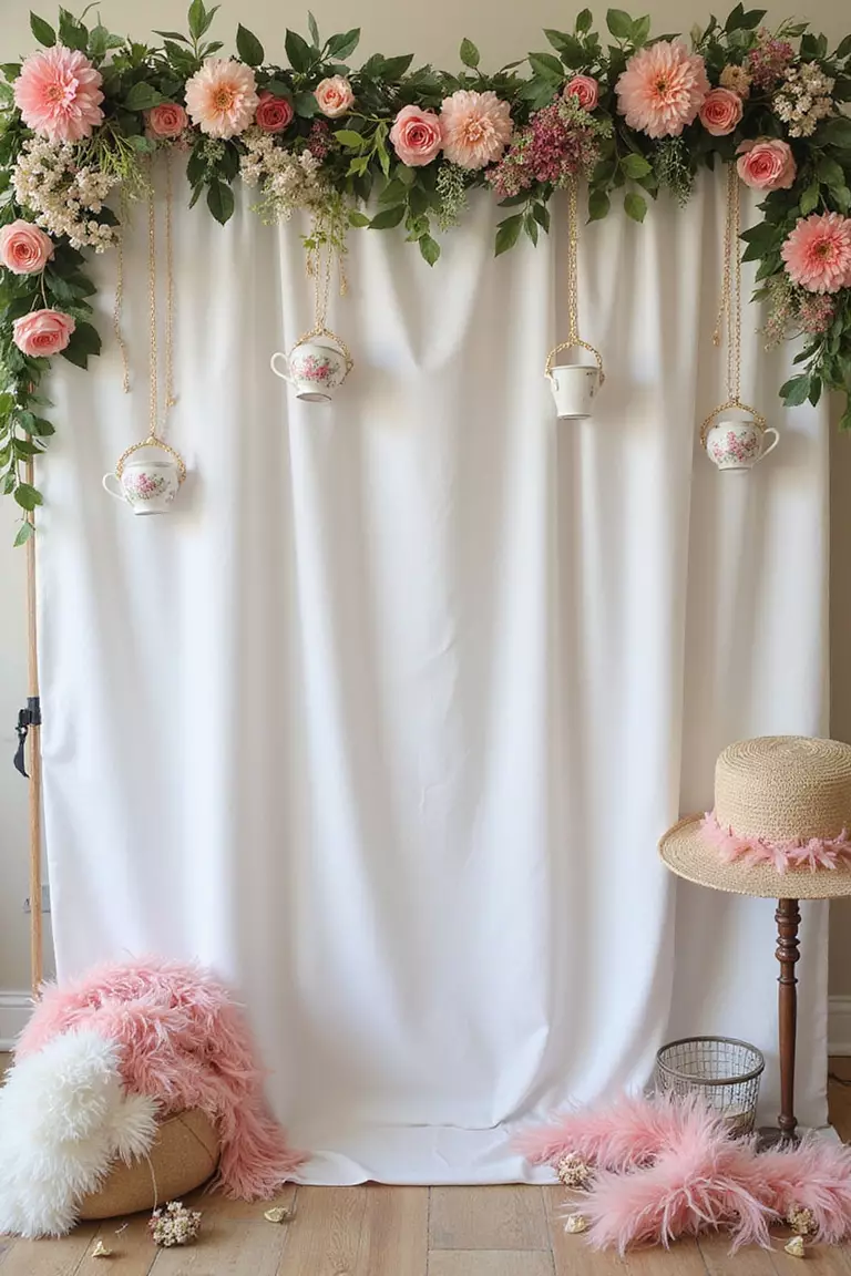 Create A Photo Booth A professional photo, similar to a photo in a wedding magazine, of a tea party themed photo booth backdrop with floral garlands, hanging teacups, and props like fancy hats and feather boas.