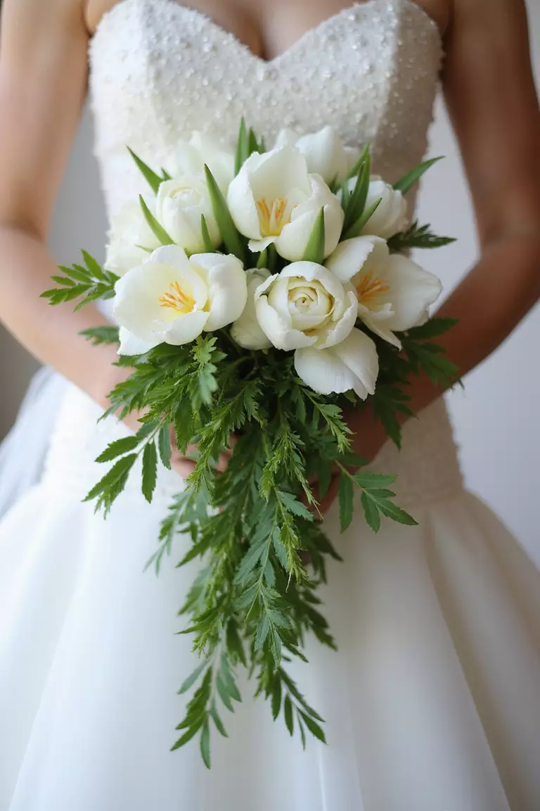 Cascading Tulip Bouquet A professional photo, similar to a photo in a wedding magazine, of a bride holding a dramatic cascading bouquet featuring white tulips and trailing greenery flowing downwards.
