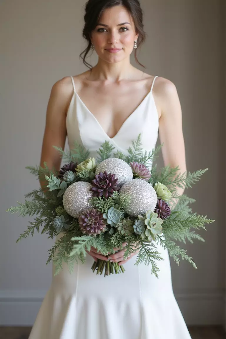 Succulent Accents A professional photo, similar to a photo in a wedding magazine, of a bride holding a modern bouquet mixing dusty miller, silver brunia balls, and various small green and purple succulents.