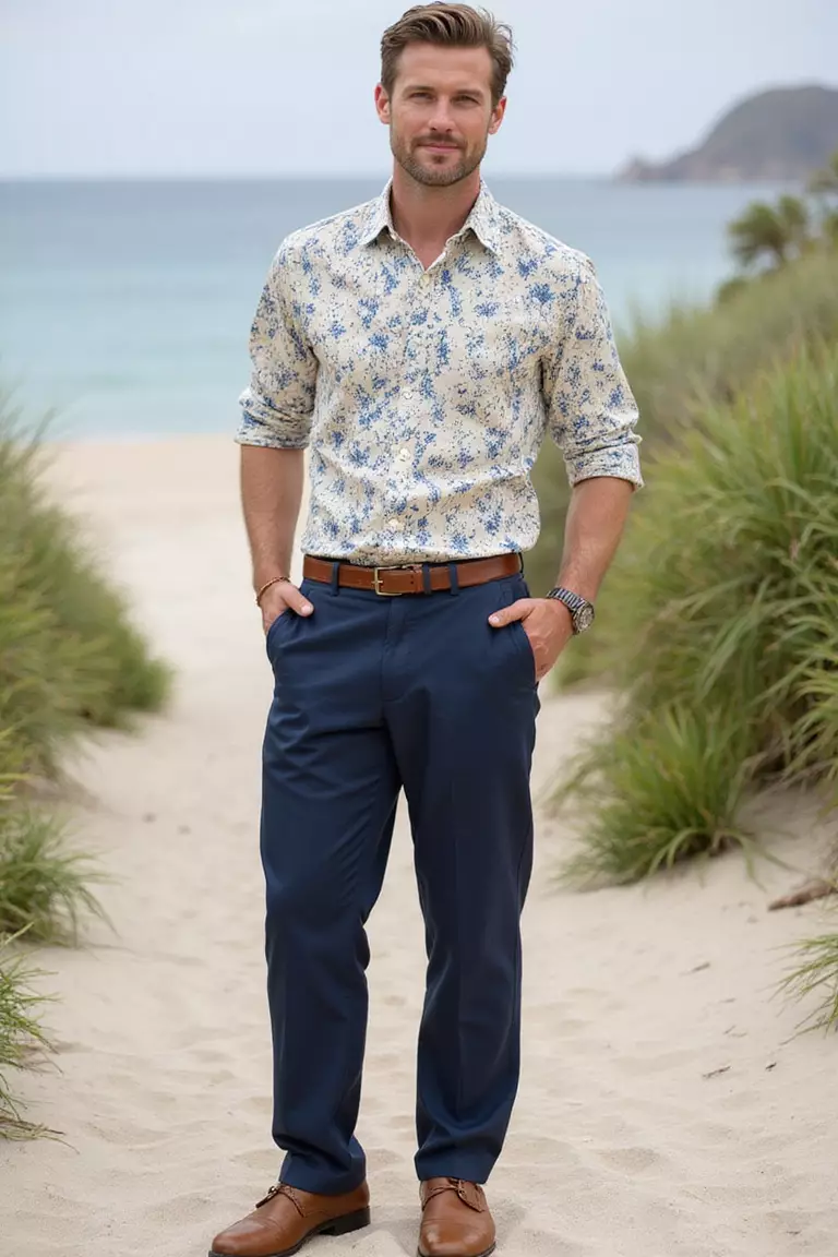 Tropical Print Shirt with Slacks A professional photo, similar to a photo in a wedding magazine, of a man wearing a tasteful tropical print button-down shirt, navy linen slacks, and leather sandals at a beach wedding reception.
