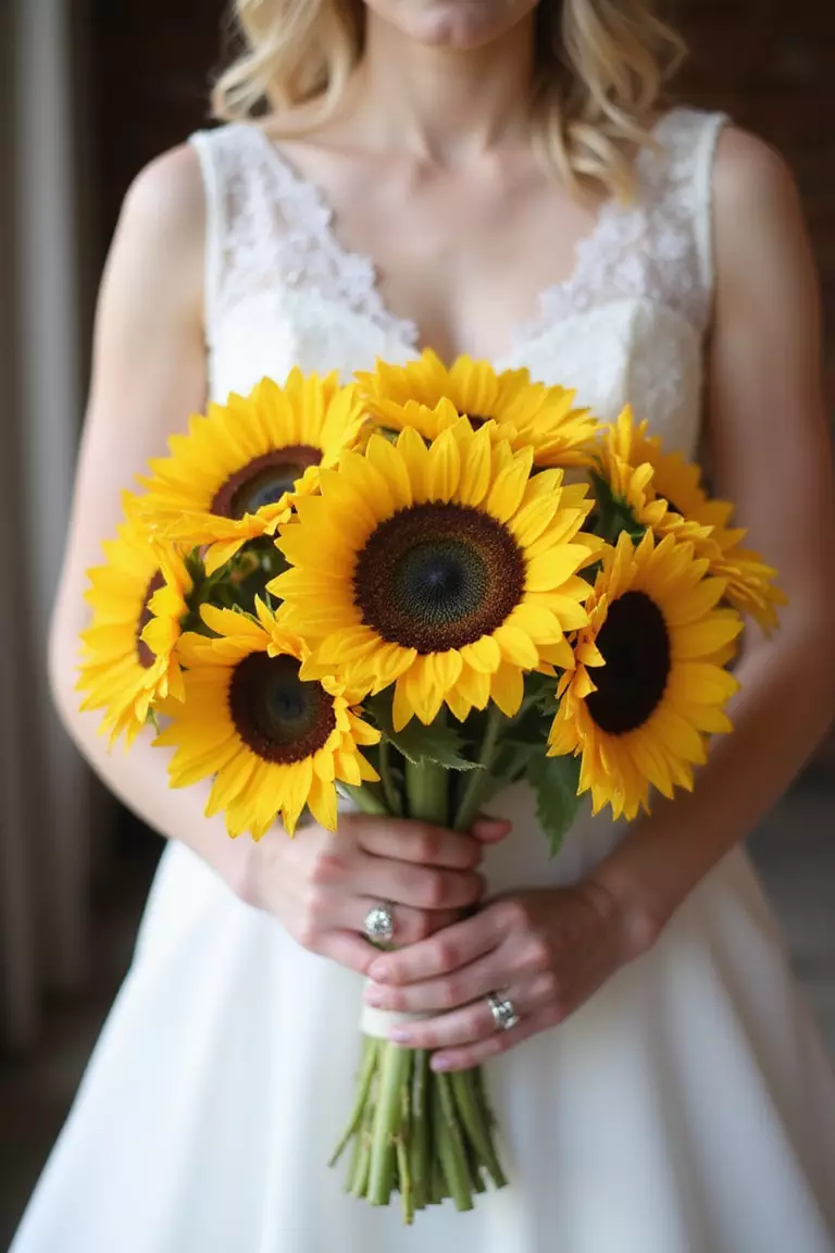 Teddy Bear Sunflowers Bouquet A professional photo, similar to a photo in a wedding magazine, of a bride holding a unique bouquet made primarily of fluffy, double-petaled Teddy Bear sunflowers, offering a soft, textured appearance.