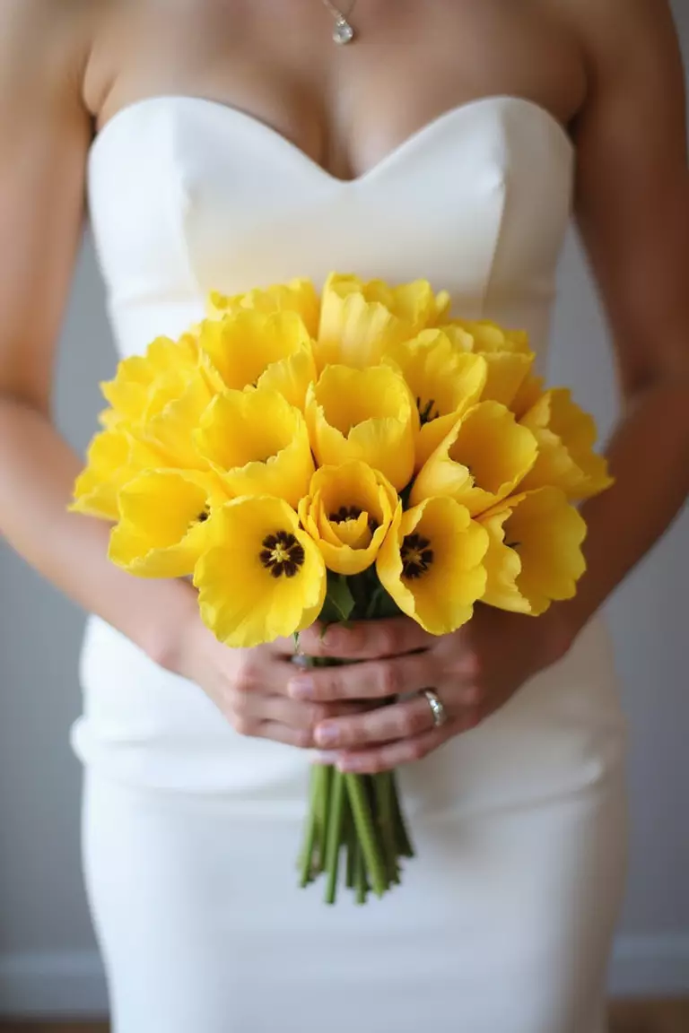 Compact Round Tulip Bouquet A professional photo, similar to a photo in a wedding magazine, of a bride holding a neat, tightly packed round bouquet of bright yellow tulips.