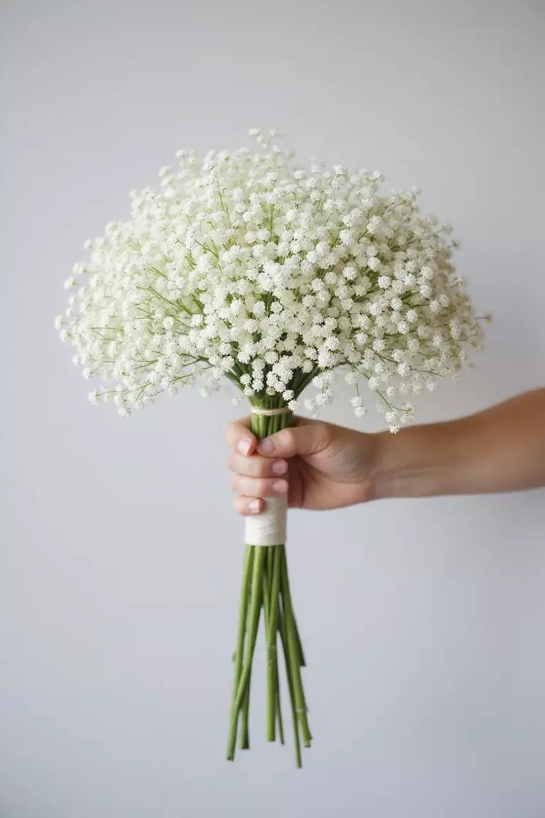 Baby's Breath Cloud A professional photo, similar to a photo in a wedding magazine, of a large, airy bouquet made entirely of white baby's breath, resembling a soft cloud, held gently. Minimalist background. No text.