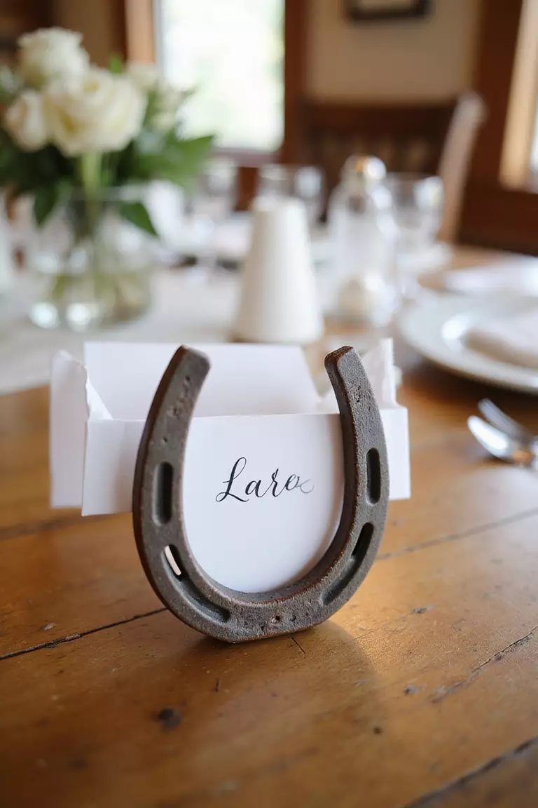 Horseshoe Good Luck A professional photo, similar to a photo in a wedding magazine, of small, rustic horseshoes used as place card holders on a wooden wedding table.