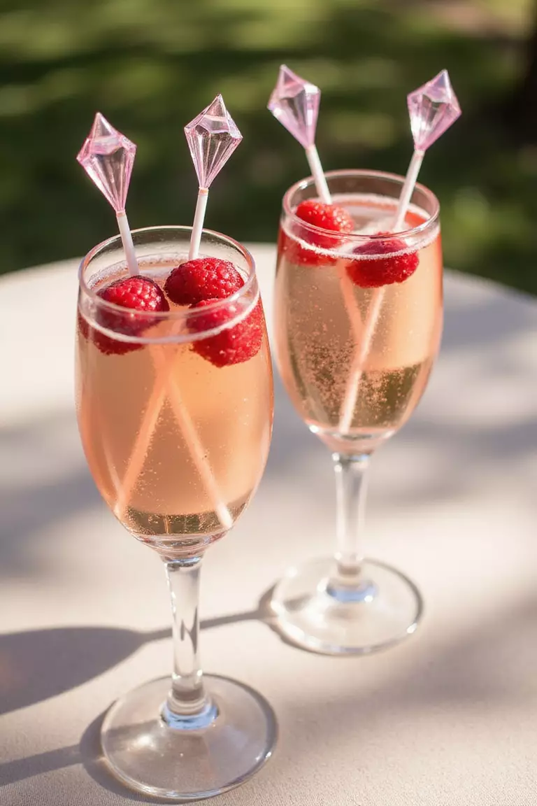 Themed Drink Stirrers A professional photo, similar to a photo in a wedding magazine, of acrylic drink stirrers shaped like diamonds sitting in glasses of pink champagne garnished with raspberries. Sunlight catches the facets.