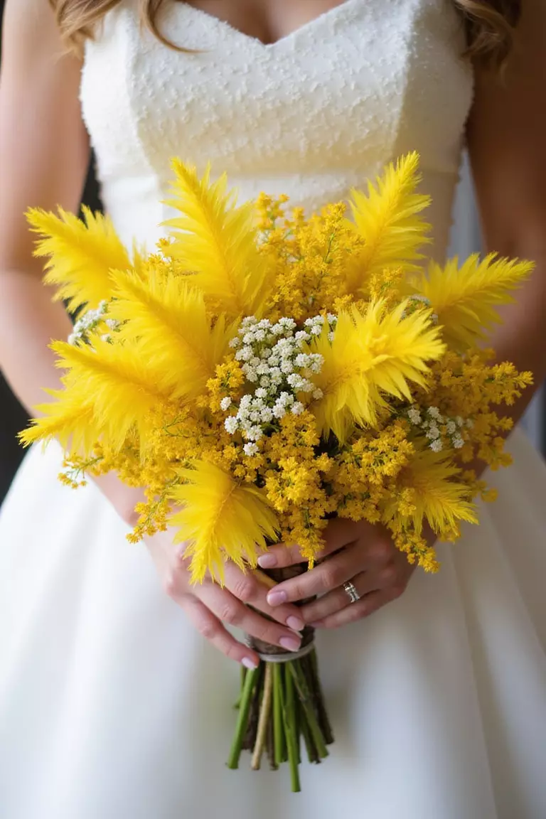Goldenrod Glow A professional photo, similar to a photo in a wedding magazine, of a bride holding a bright yellow bouquet dominated by feathery goldenrod sprays with some white yarrow accents.