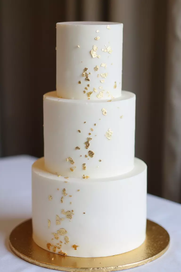 Gold Leaf Elegance A professional photo, similar to a photo in a wedding magazine, of a tall, smooth white cake with scattered flakes of edible gold leaf catching the light.