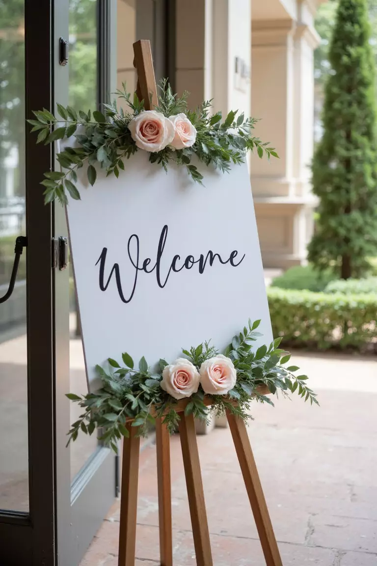 Custom Welcome Sign A professional photo, similar to a photo in a wedding magazine, of an elegant easel holding a "Welcome" sign decorated with blush roses and eucalyptus leaves at a sunlit entryway. No people.