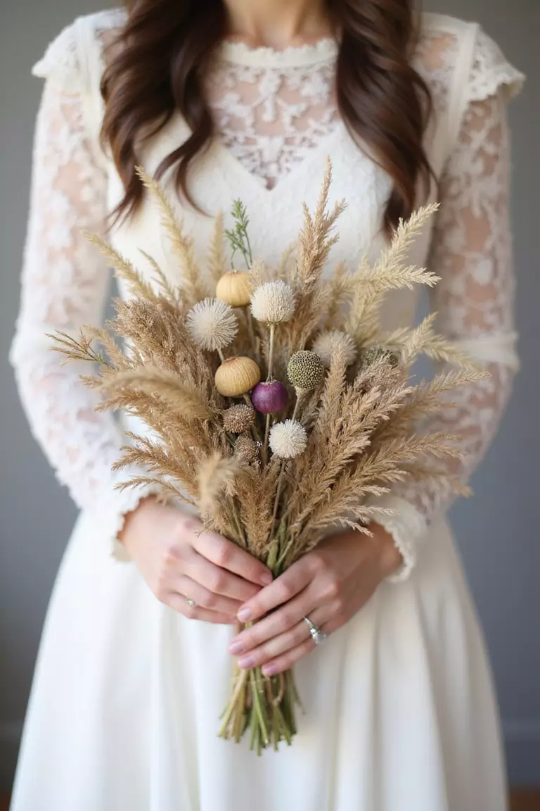 Minimalist Grasses And Seeds A professional photo, similar to a photo in a wedding magazine, of a bride holding a simple, airy bouquet composed primarily of various dried grasses, seed pods like poppy heads, and minimal accents.