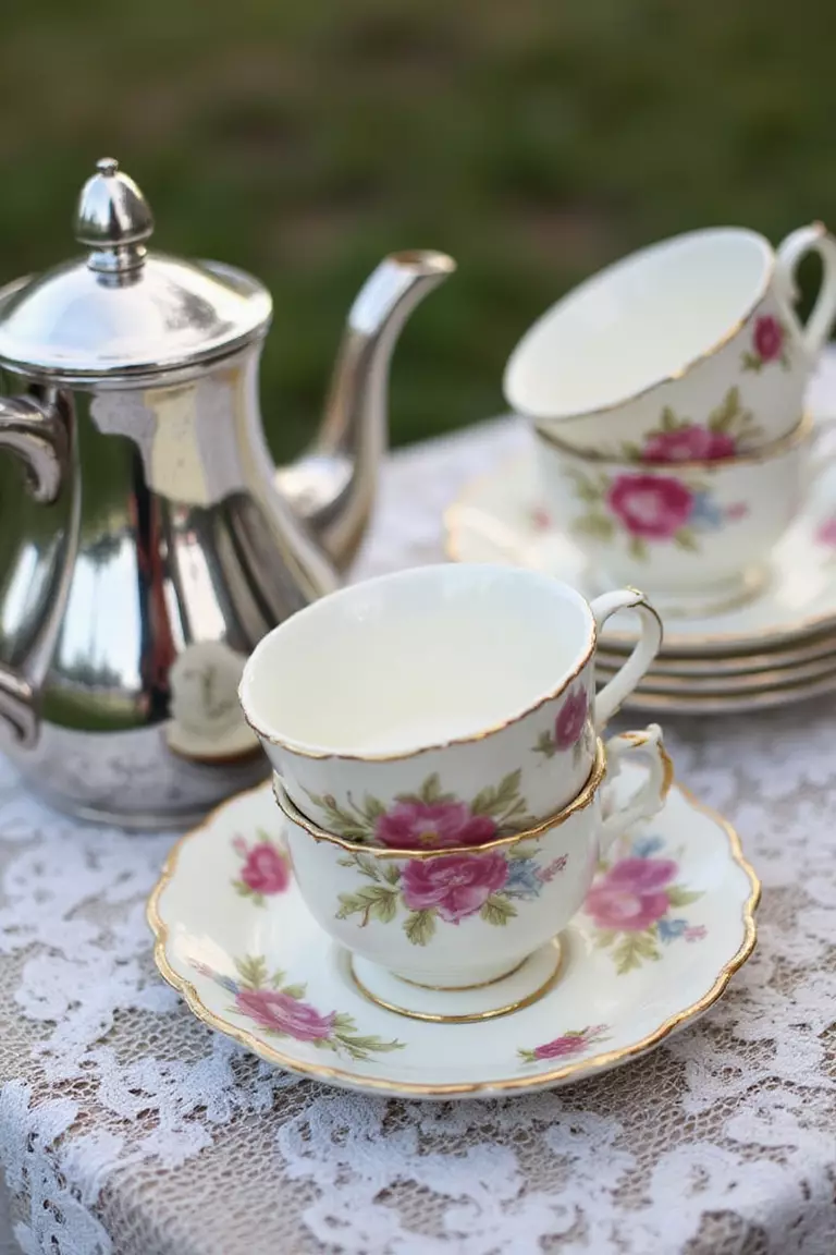 Gather Vintage Teacups A professional photo, similar to a photo in a wedding magazine, of mismatched vintage floral teacups and saucers stacked neatly next to a silver teapot on a lace tablecloth.