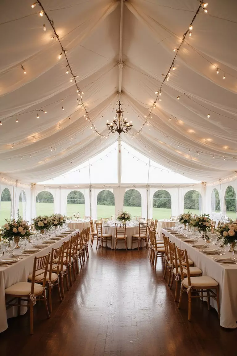 Consider A Tent Reception A professional photo, similar to a photo in a wedding magazine, of a large white wedding reception tent elegantly decorated with string lights, flowing fabric, and round tables set for dinner.