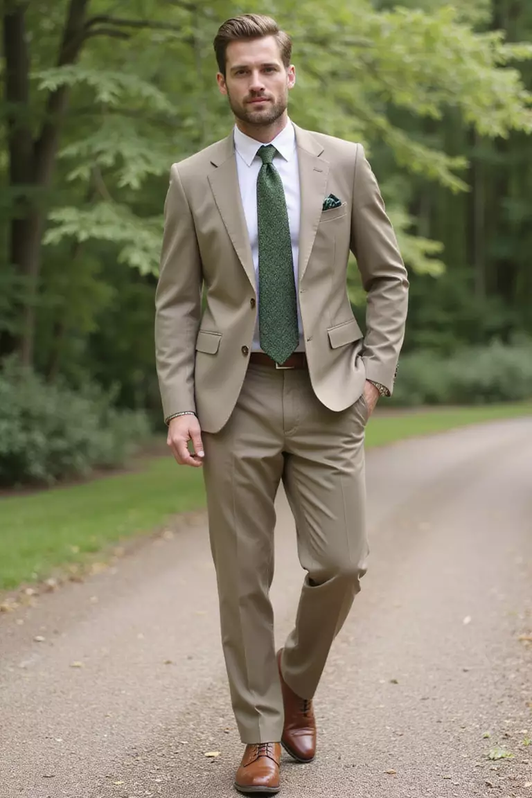Khaki Suit A professional photo, similar to a photo in a wedding magazine, of a man wearing a tailored khaki cotton suit with a white shirt, green knit tie, and brown brogues at an outdoor summer wedding.