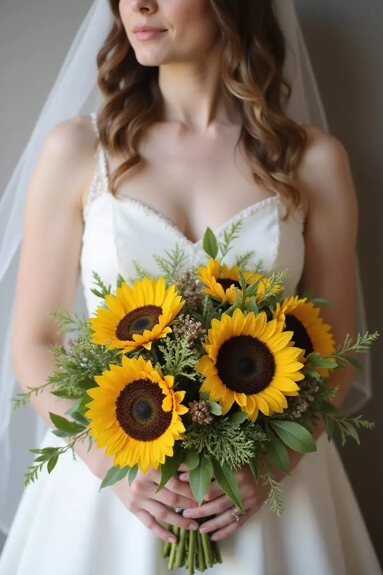 Asymmetrical Sunflower Bouquet A professional photo, similar to a photo in a wedding magazine, of a bride holding a modern, asymmetrical bouquet featuring sunflowers arranged artistically with varied greenery and accent flowers in a freeform style.