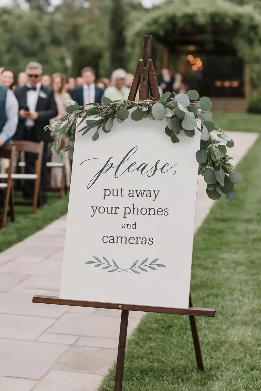 Unplugged Ceremonies A professional photo, similar to a photo in a wedding magazine, of a simple, elegant sign at a ceremony entrance asking guests to "Please, put away your phones and cameras".